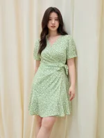 DUSHU Plus Size Women’s French Floral Wrap Dress 2025 Summer Puff Sleeves Small Fresh Slim Dress 25DS82560