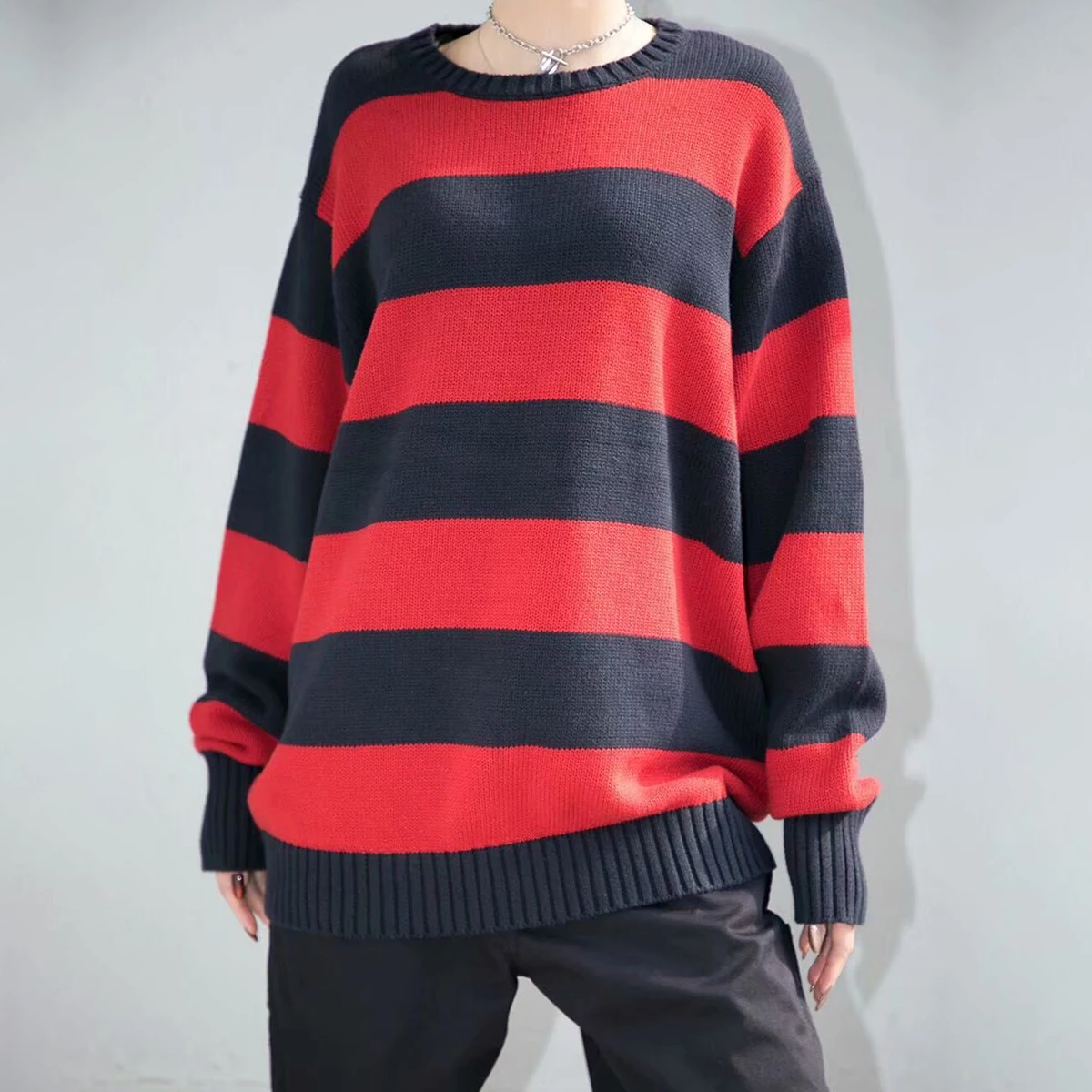 Vintage Striped Knitted Sweater Women Autumn Casual Oversize Drop Shoulder Sweater Femme Retro Streetwear Cotton Tops Chic green cardigan Sweaters