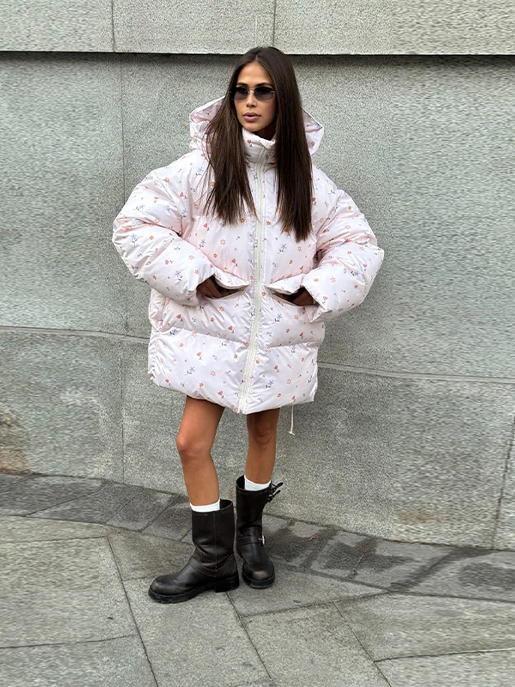 Übergroße Blume Gedruckt Frauen Baumwolle Mantel Puff Sleeve Mit Kapuze Taschen Zipper Weibliche Winter Lose Beiläufige Straße Jacken Damen – Detail 9