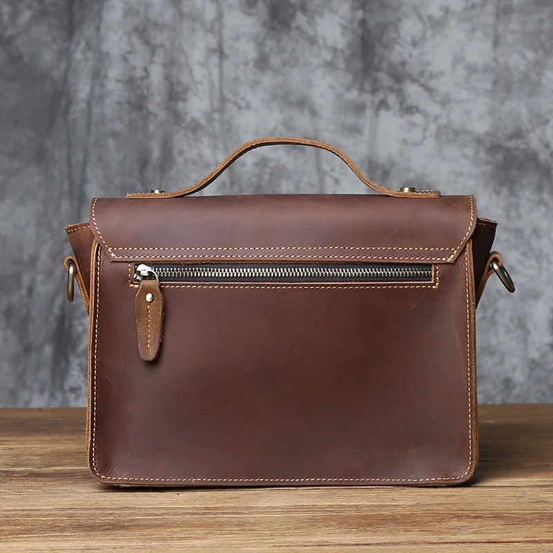 NZPJ Retro Leather Men's Mailman Bag Crazy Horse Men's Bag Top Layer  Cowhide Shoulder  Bag Casual Handbag For 10-Inch IPad