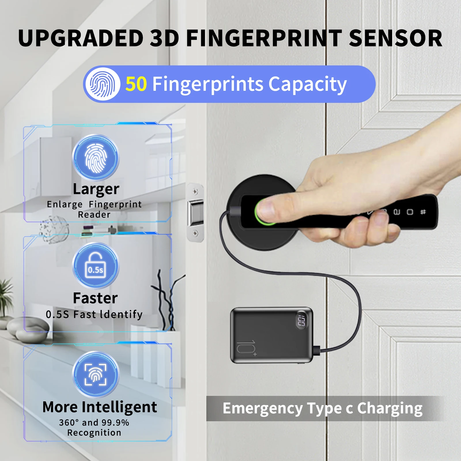 HIFAM Fingerprint Door Lock, Smart Door knob Black Biometric Locks 5-in-1 Unlock Fingerprint Bluetooth, Code, IC Card, Key