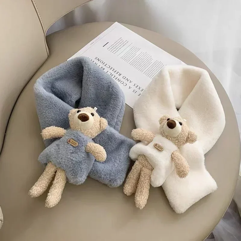 Cute Bear Scarf Children's Imitation Rabbit Fur Thickened Scarf Boys and Girls Winter Plus Velvet Baby Warm Scarves