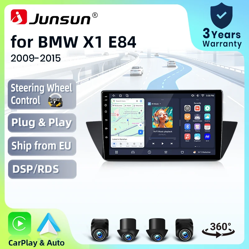 Radio para coche Junsun con CarPlay inalámbrico y Android Auto para BMW X1 Mk1 (E84) 2009-2015, con ventilador de refrigeración integrado, GPS Android, reproductor multimedia, WiFi, DSP, RDS, BT, SWC, pantalla táctil IPS, autoradio, reproductor de video, unidad principal estéreo. 1