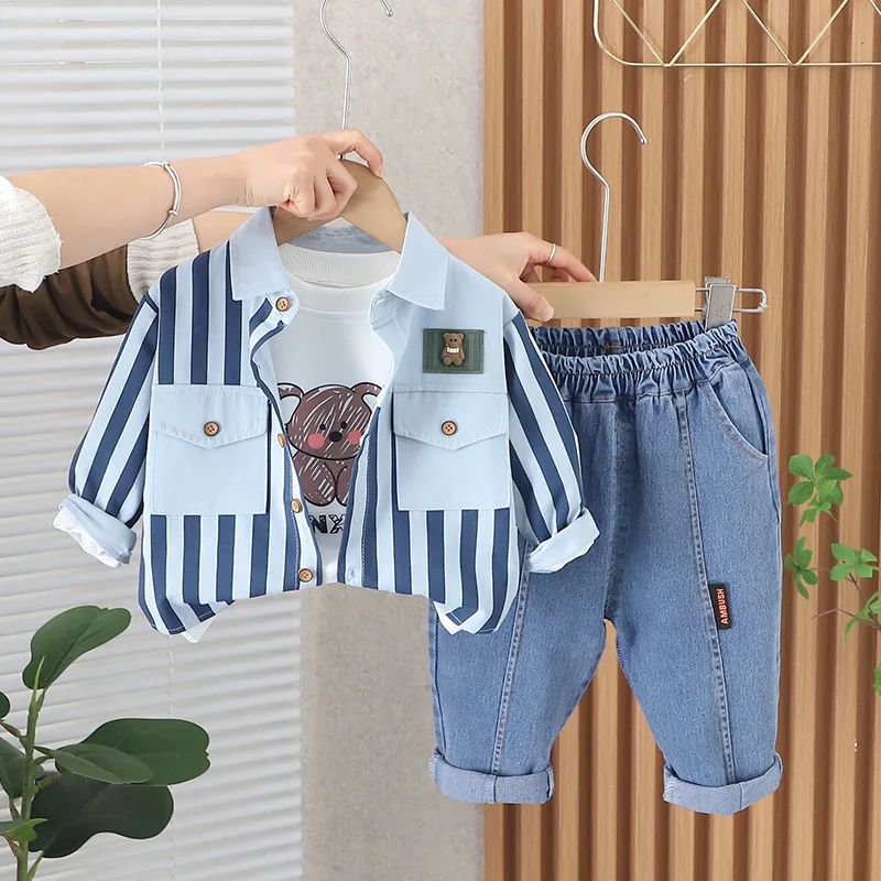 3Pcs Set Baby Boys' Shirt Denim Pants Suit Long Sleeve Cotton T-shirt Fashion Handsome Children Boy Clothes Spring Autumn