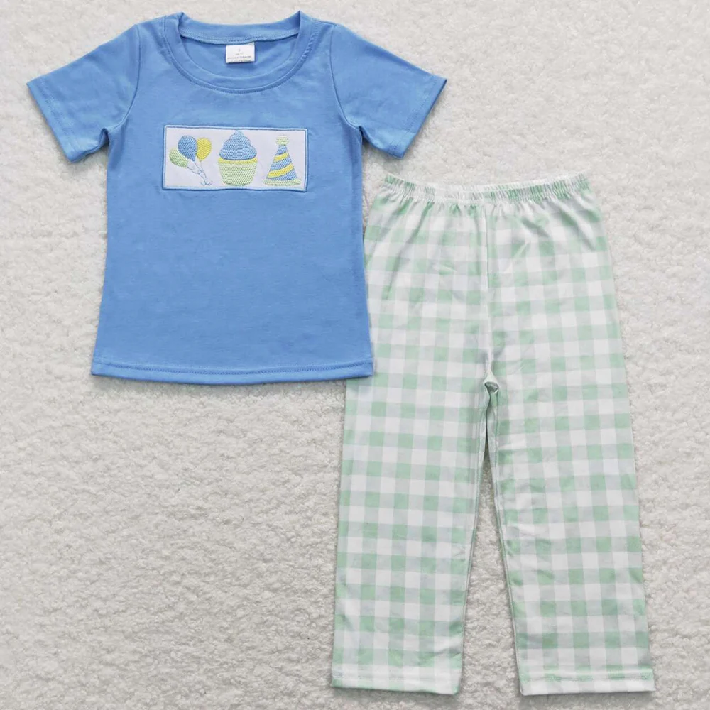 Boutique Baby Boys Pajamas Birthday Blue Long Sleeve Shirt Pants Pajamas Sleepwear Sets Cute Kids Nightwear