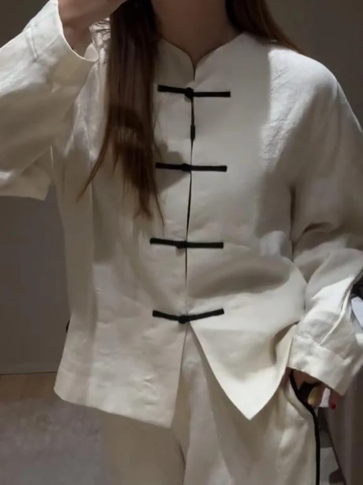 Conjunto Feminino de Calças de Linho Vintage com Blusa de Botões e Calças de Perna Larga - Roupa Casual Elegante para Escritório Primavera Verão 8