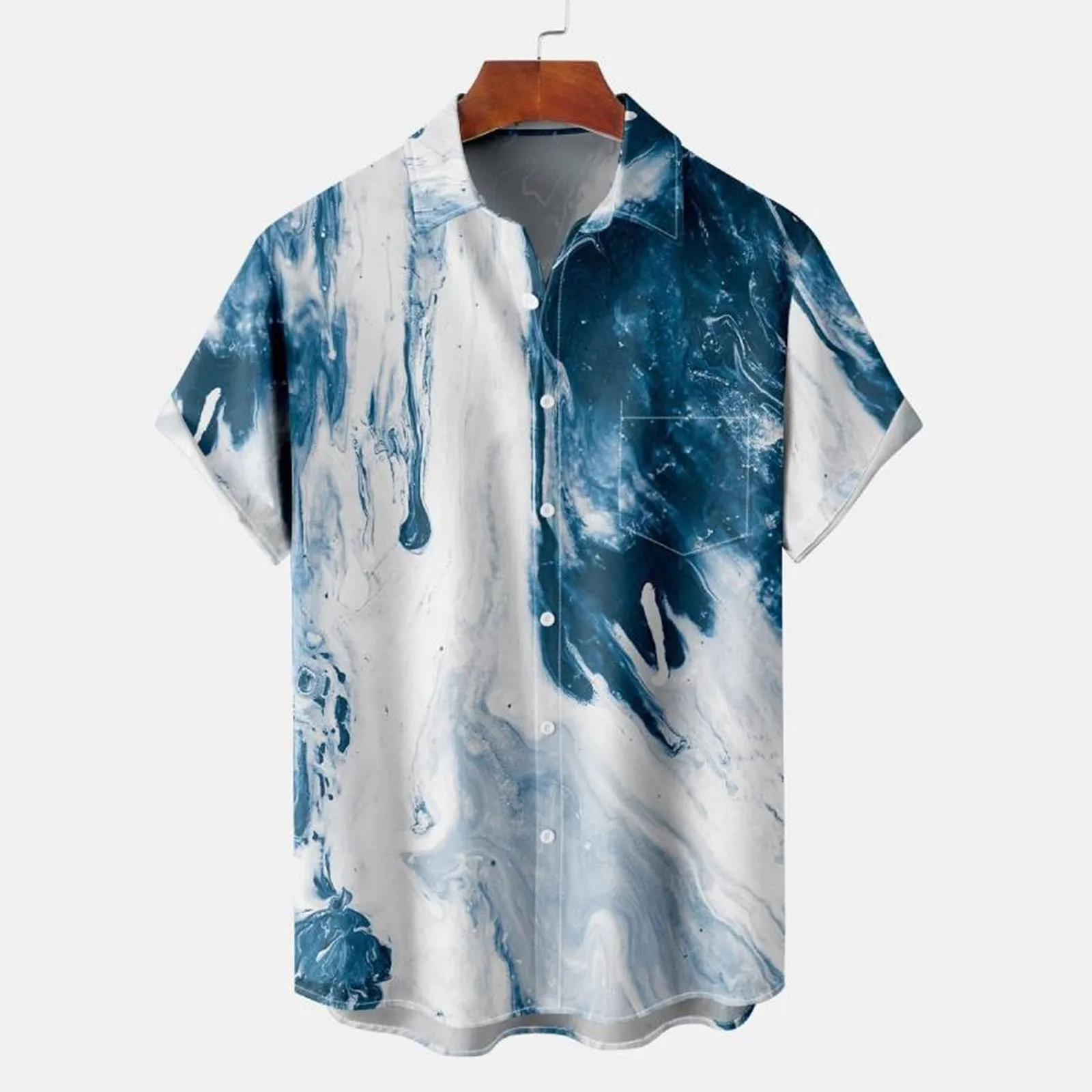 

Mens 3D Digital Printing Pocket Buckle Lapel Short Sleeve Shirt