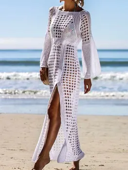 2023 Crochet Tunic Beach Dress Cover-ups Summer Women Beachwear Sexy Hollow Out Knitted Swimsuit Cover Up Robe de plage #Q716 1