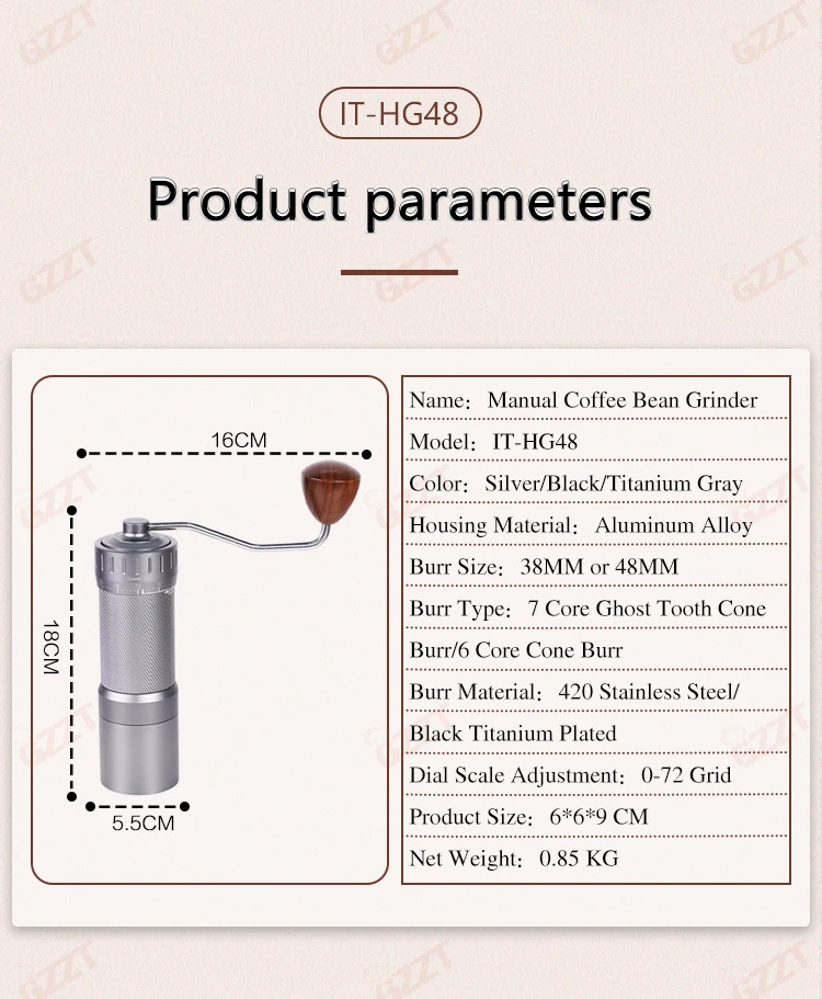 GZZT HG48 Manual Coffee Bean Mill 48mm 7 Core Ghost Tooth Cone Burr Hand Coffee Grinder for Espresso and Pour over 4