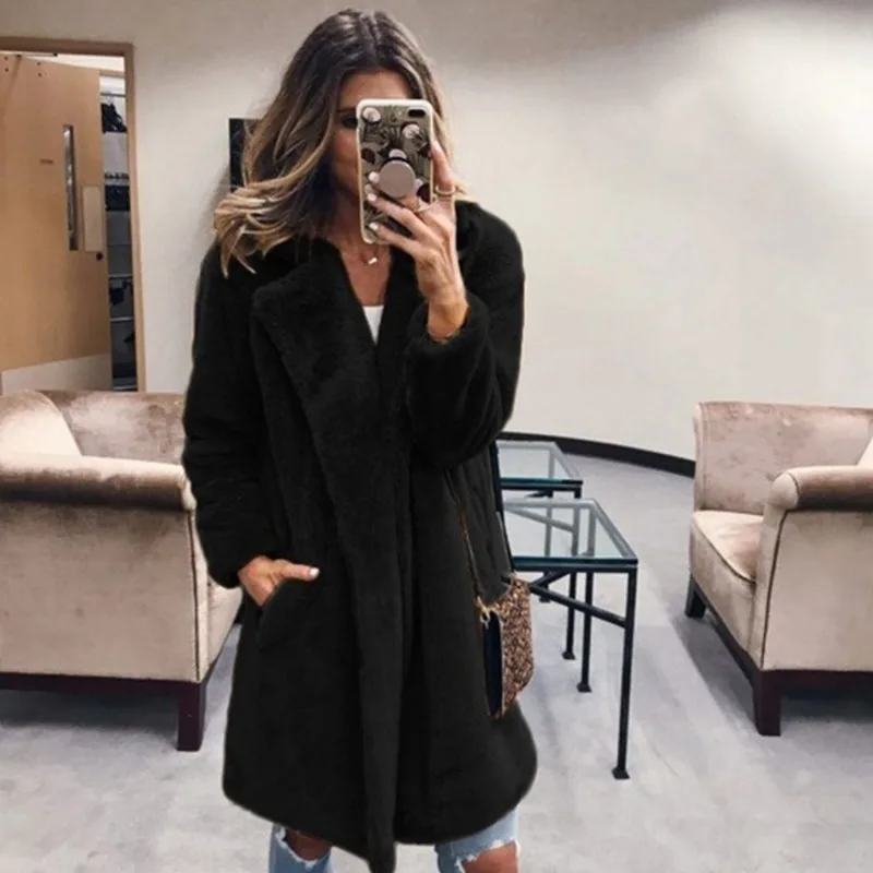 2023 New Women Imitation Fur Coat Mid-Length Suit Collar Slim-Fit Outcoat Fashion Solid Color Outwear Thicken Warm Casual Parkas