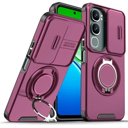 Magnetic Metal Ring Stand Armor Case with Slide Lens Protector and TPU Frame - VIVO Y31 5G or Y21d (Cherry Red)