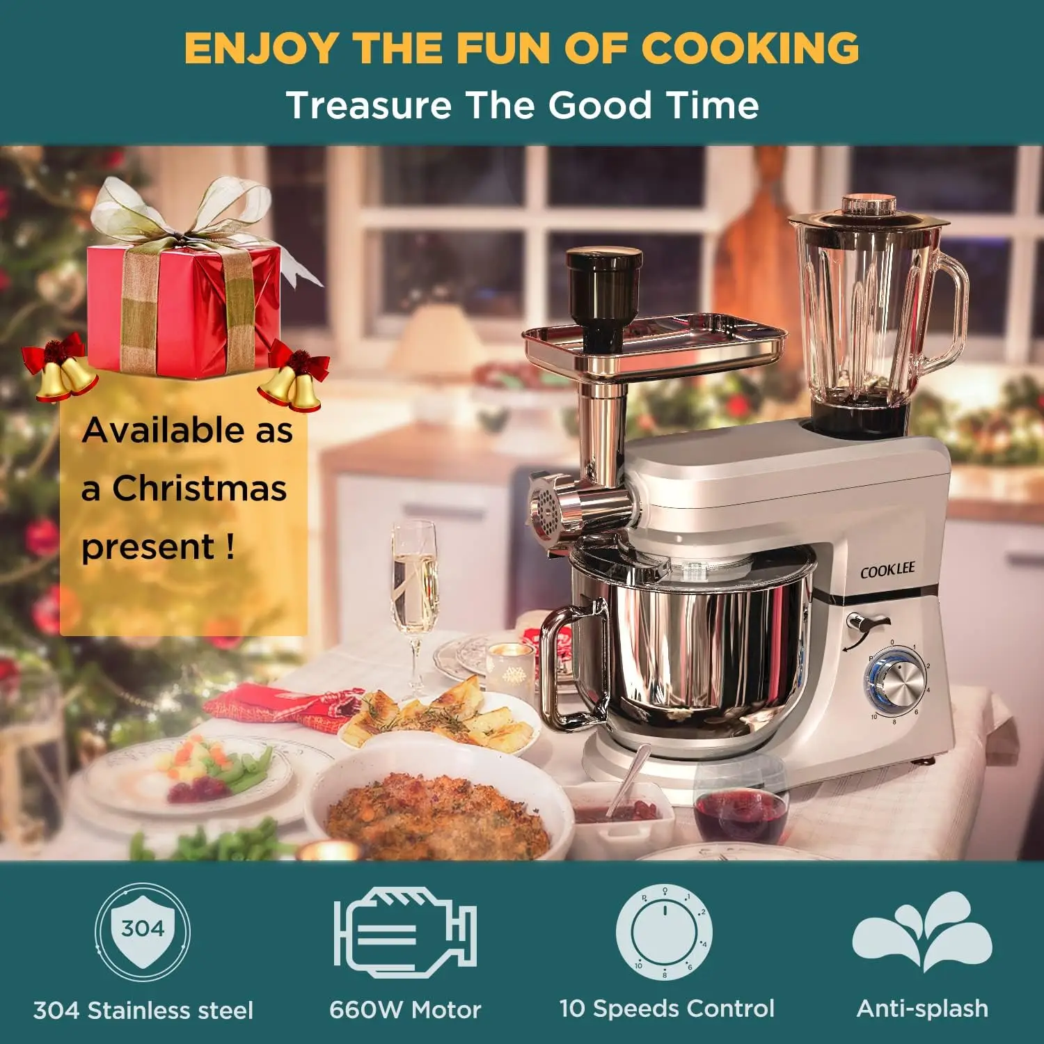 Mixer, 8.5 Qt. Multifunctional Electric Kitchen Mixer with Beater, Whisk, Dough Hook, Meat Grinder and Other Accessories for Mos 6