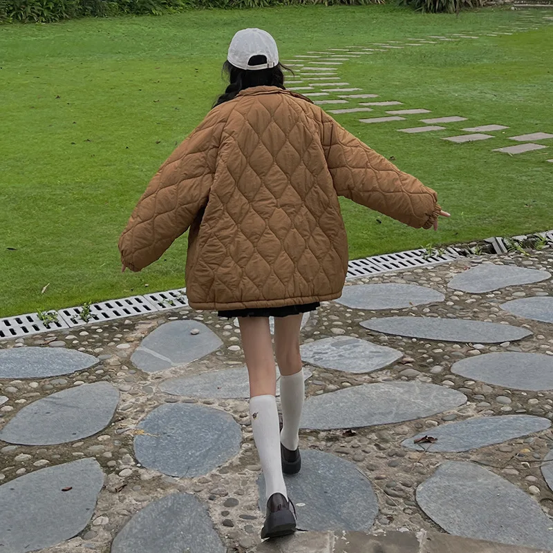 Oversized Puff Jacket Women Lamb Wool Stand Collar Loose Short Parkas Mujer Loose Padded Coat Korean Diamond Single Breastin