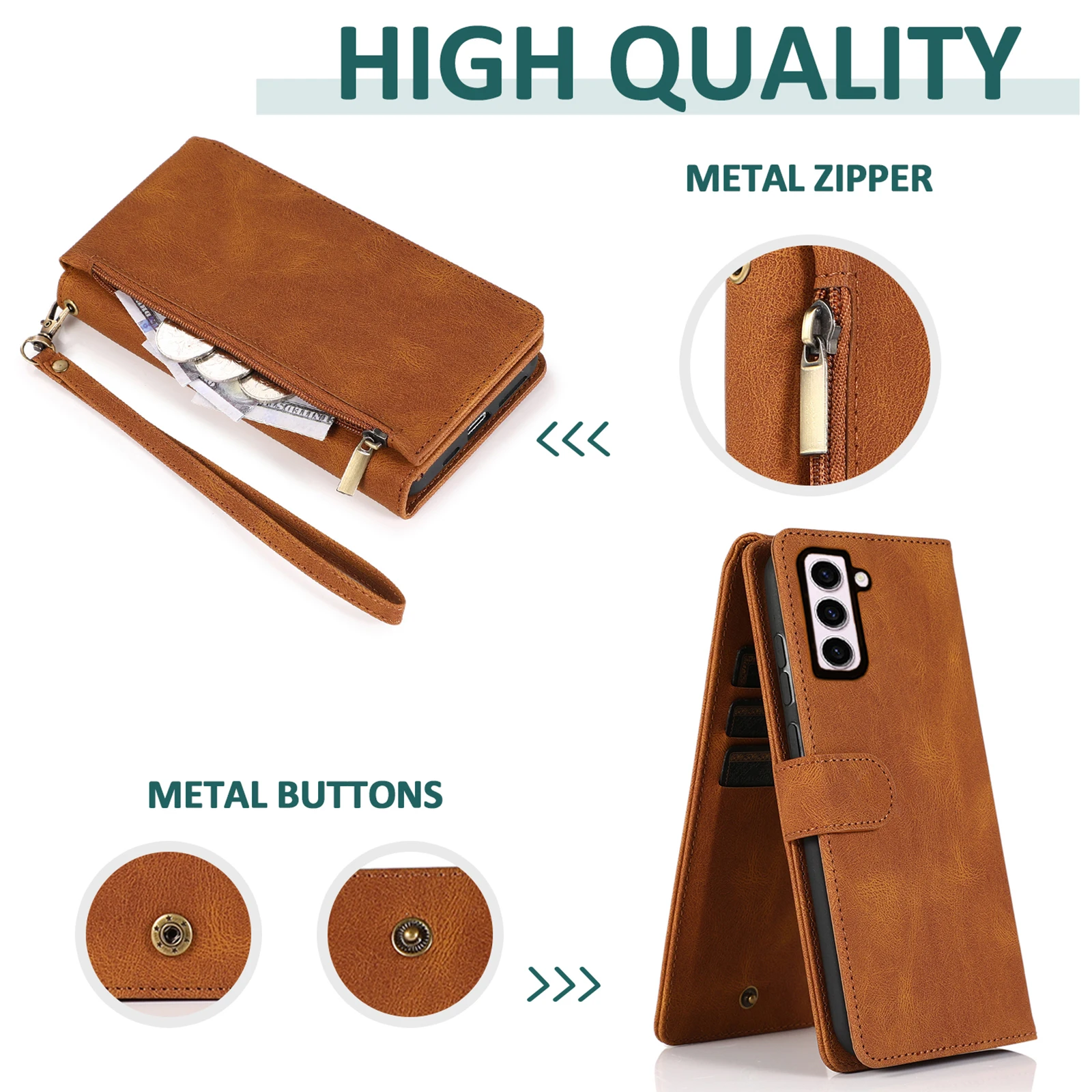 Luxurious Flip Cover Leather Wallet Phone Case with Zip Pocket and Vertical Stand
