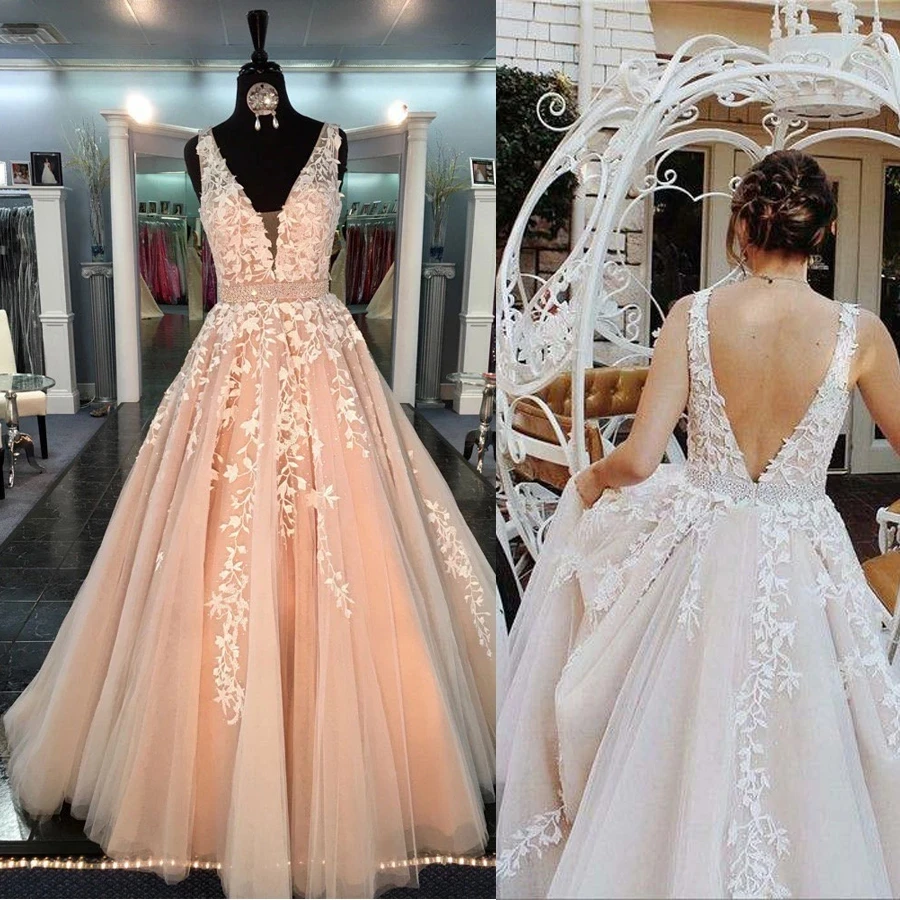 

GUXQD V-Neck Long Evening Party Gowns Junior Pageant Vestidos De Festa Sexy Backless Lace Appliques Formal Princess Prom Dress