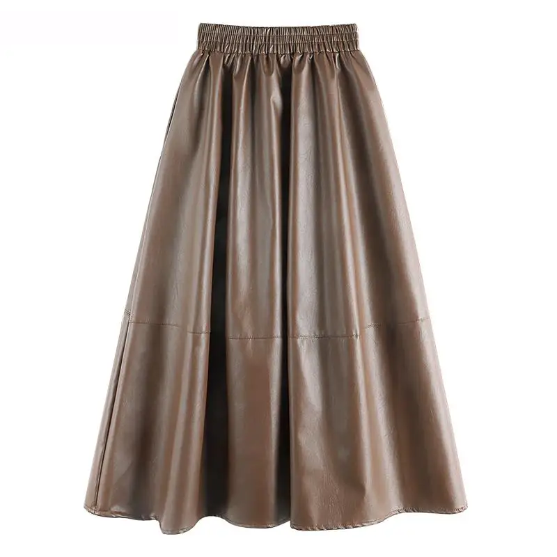 

Retro Style Stitched Large Leather Skirt 2023 Spring New Elastic Waist Thin Medium Length Hip Covering Skirt For Women