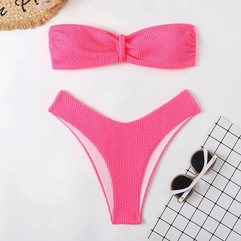 Swimsuits Women Candy Colors Sexy Swimwear Bather High Waist Push Up Bandeau Bikini Set Bathing Suits Beachwear Biquini Mujer strapless bikini set