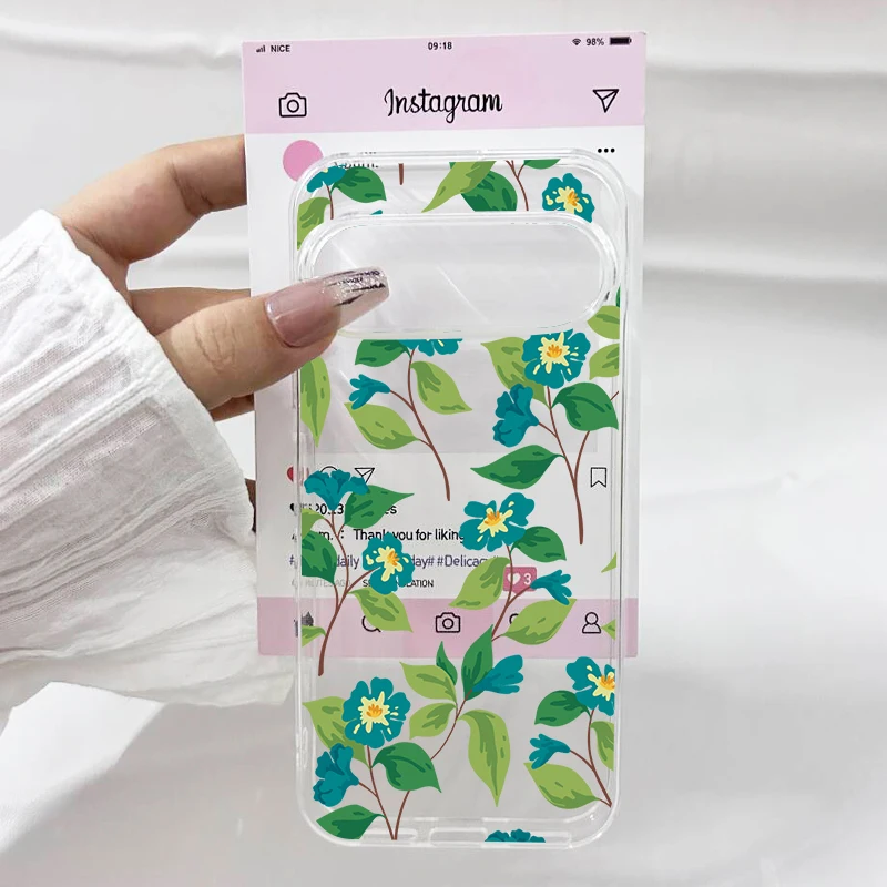 Retro Blue Leaf & Pink Rose Floral Clear Phone Case - Soft TPU Cover Shell