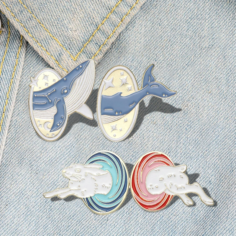 

Pins Custom cat Whale Rabbit Time Travel Brooches Lapel Badges Animal Jewelry Gift for Kids Friends 2pcs/set Animal Enamel