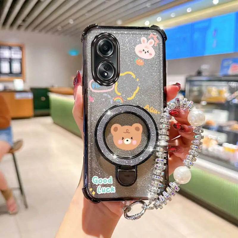 Pearl Strap Glitter Cute Bear Phone Holder Case