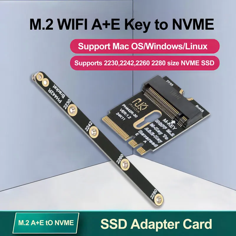 Adaptateur M.2 clé A + E vers NVME SSD, Interface WIFI M.2, clé A/E vers clé M gen3 X4 pour carte Riser SSD 2230 2242 2260 2260 2260 2280