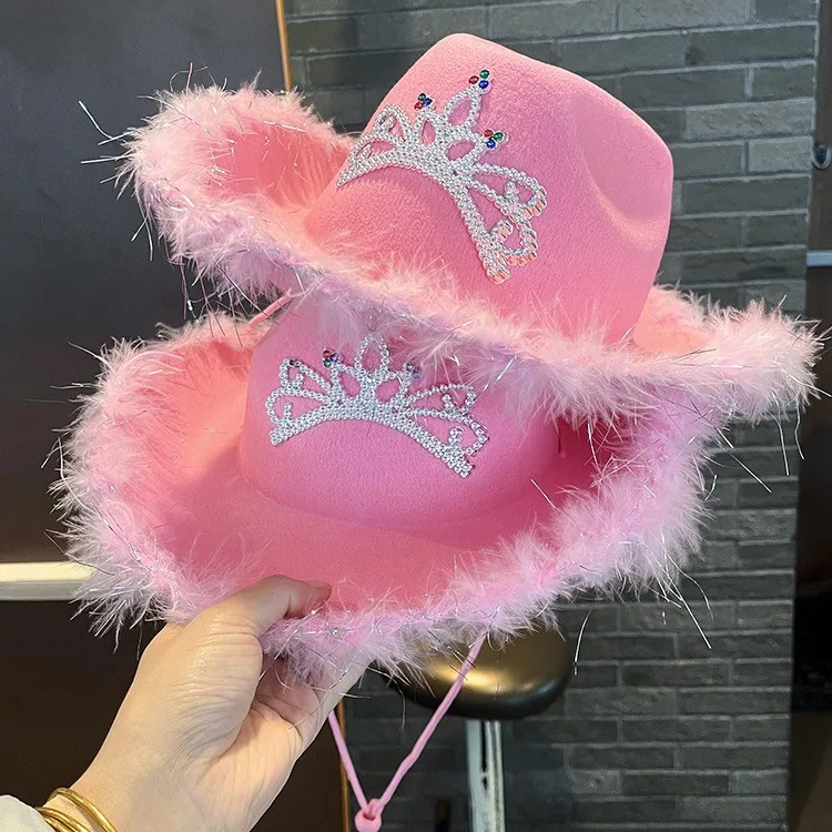 Women's West Cowgirl Hat Girls Tiara Feather Felt Western Sequin Cowboy Cap Costume Party Dress Jazz Caps Cosplay Props cowgirl hats