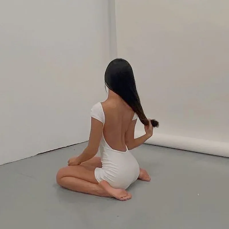 Mono corto ajustado blanco sin espalda para mujer, mono informal de manga corta, mono ajustado con hombros descubiertos, mono informal