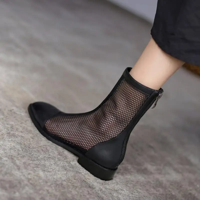 Women's Summer Breathable Mesh Ankle Boots - Square Toe Block Heel Back Zip Versatile Commute Sandal Boots