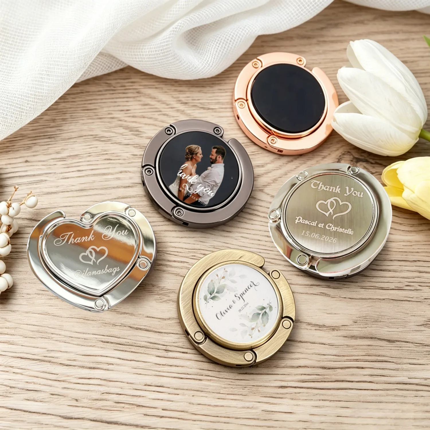 Personalisierte Hochzeitsgeschenke für Gäste, tragbar, modisch, faltbar, für Geldbörse, Handtasche, Tasche, Aufhänger, Hakenhalter, Tischhaken, multifunktional