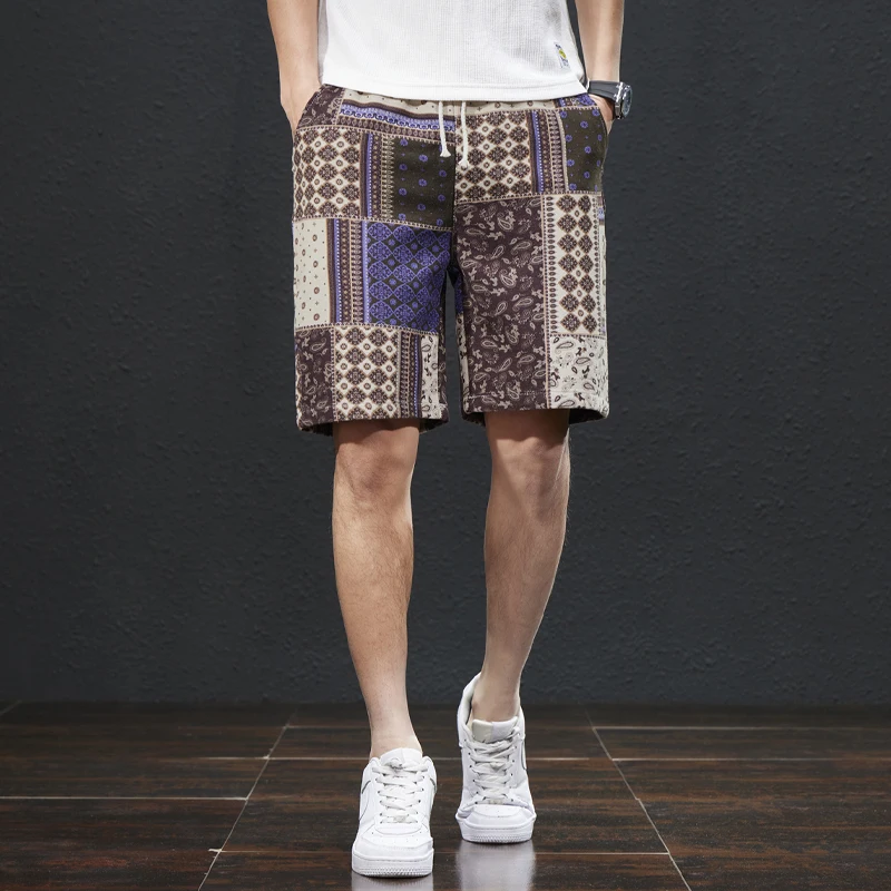 2024 Summer New Beach Shorts Men's Fashion Ethnic Print Breathable Elastic Versatile Street Casual Capris 4
