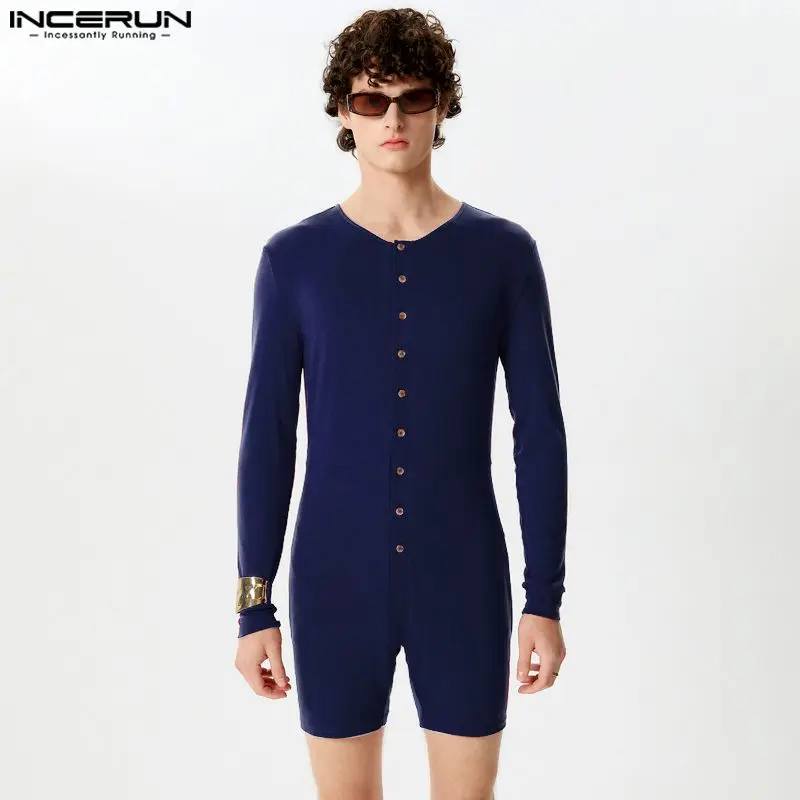 Men Bodysuits INCERUN Solid Color Skinny O-neck Long Sleeve Button Casual Leisure Playsuits Pajamas
