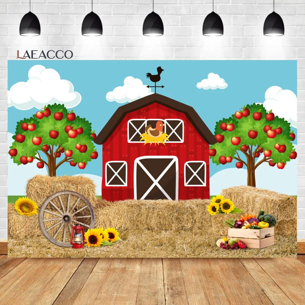 

Laeacco Cartoon Farm Birthday Party Photography Backdrop Red Barn Farm Animals Straw Baby Shower Portrait Customized Background