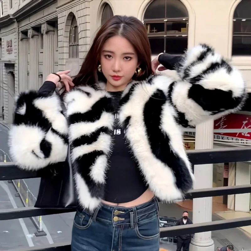 

Casual Zebra Print Women's Faux Fur Fashion Winter Snowsuit Korean Coat Female Clothing Long Sleeve New Slim Fit Fox Fur