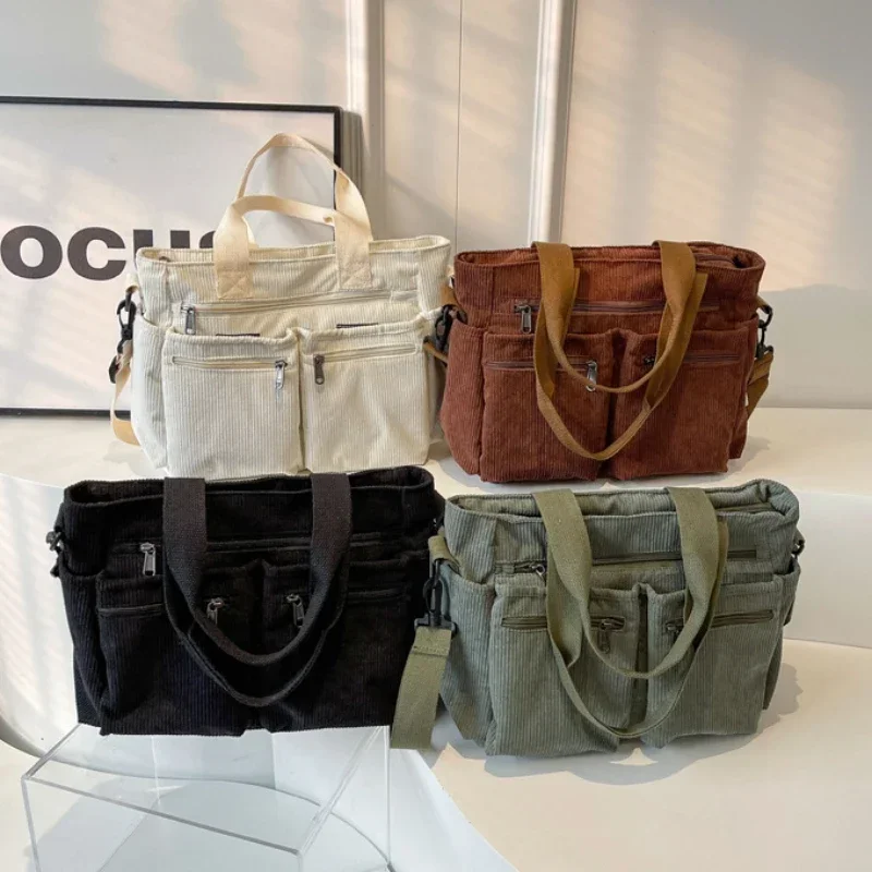 Borse a tracolla casual in velluto a coste Borsa a tracolla portatile per mummia per pendolari di grande capacità Borse da campeggio multistrato - immagine 4