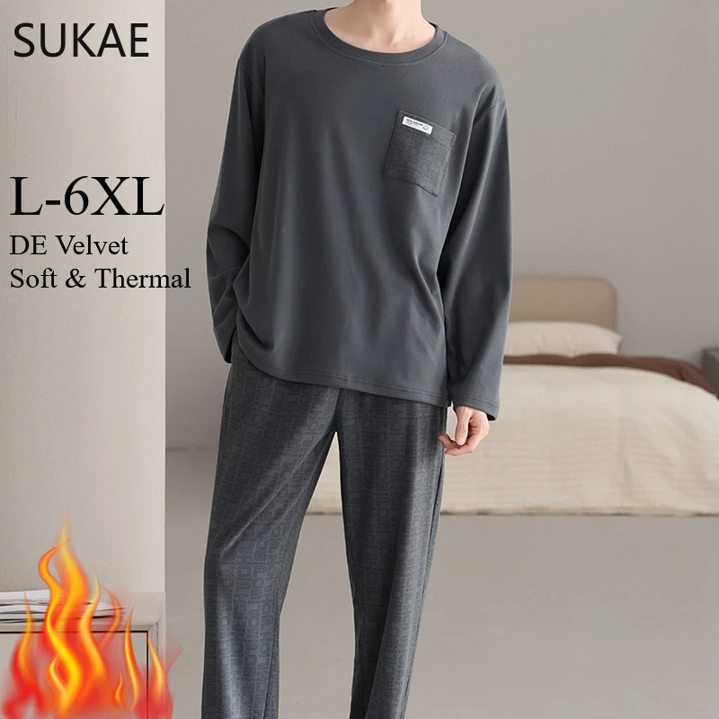 SUKAE L-6XL 빅 사이즈 긴 소매 풀오버 파자마 벨벳 남성용 잠옷 겨울용 보온 나이트웨어 스마트 캐주얼 남성 홈수트