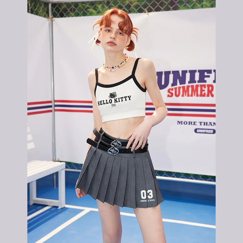 UNIFREE Preppy Style Mini Pleated Skirt Double Belt Design High Waist Women's Skirt Hotsweet Sexy A-Line Summer Skirt