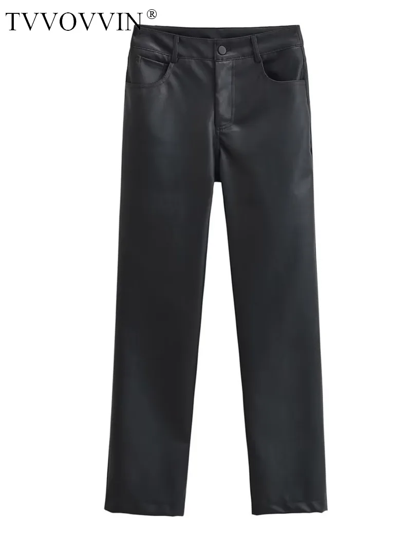 

Pu TVVOVVIN Black Leather Straight Casual Pants Women High Waist Fashion Thin Casual Hot Sexy Trousers High-quality 23UJ