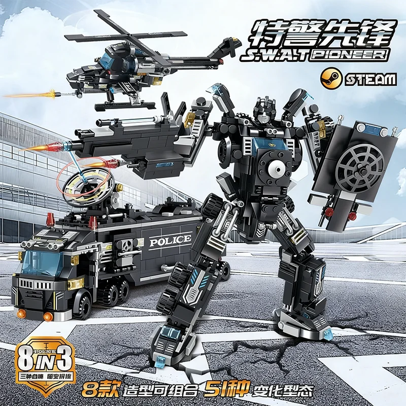 8 in1 Military Police Building Blocks Set Model Car Aircraft Mecha Transform Rob