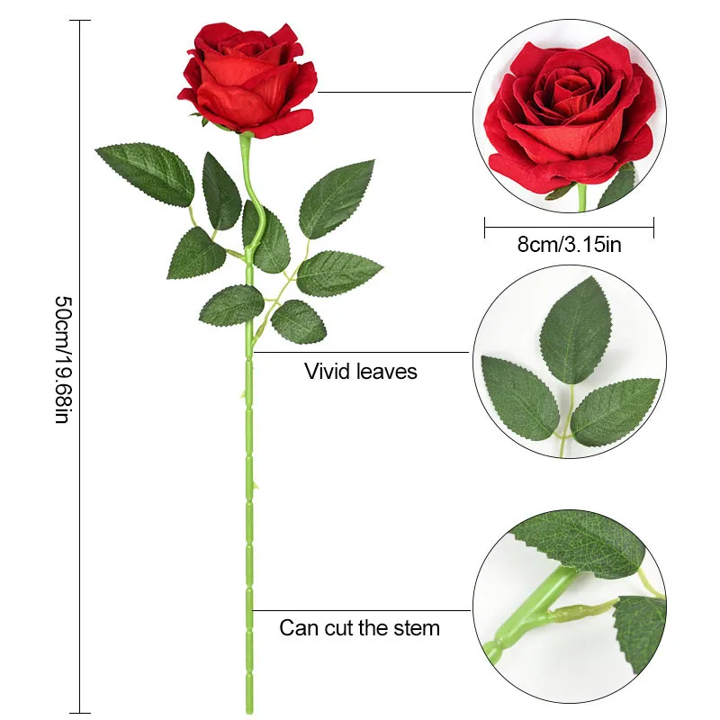 50cm Artificial Rose Flower Branch Long Stem Red Rose Bouquet for
