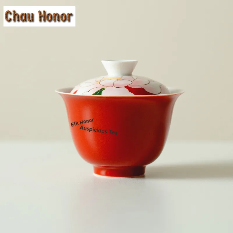 120ml Hand-painted Butterfly Peony Red Gaiwan Vintage Tea Tureen Household Tea Bowl With Lid Kit Tea Brewing Cover Bowl Teaware