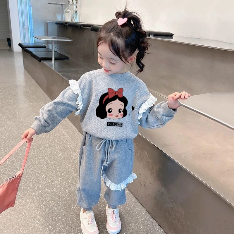 Disney Autumn Baby Clothes Lace Decoration Set Kid Snow White Printed Girl Sweatshirts Pullover Top & Pants Sportswear 2pcs