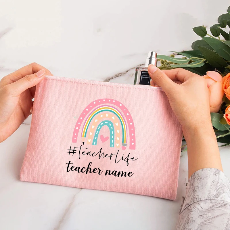 Rainbow Teacher Printing Pencil Box Custom Name Stationery Supplies Storage Bags Travel Washing Luxury Bag Makeup Bag Gift