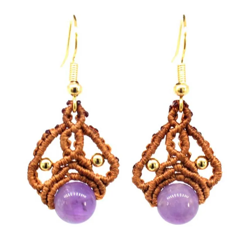 

Unique Style Modern Stylish Natural Gem Stone Amethyst Earrings Golden Bead Reiki Handmade Knit Female Jewelry