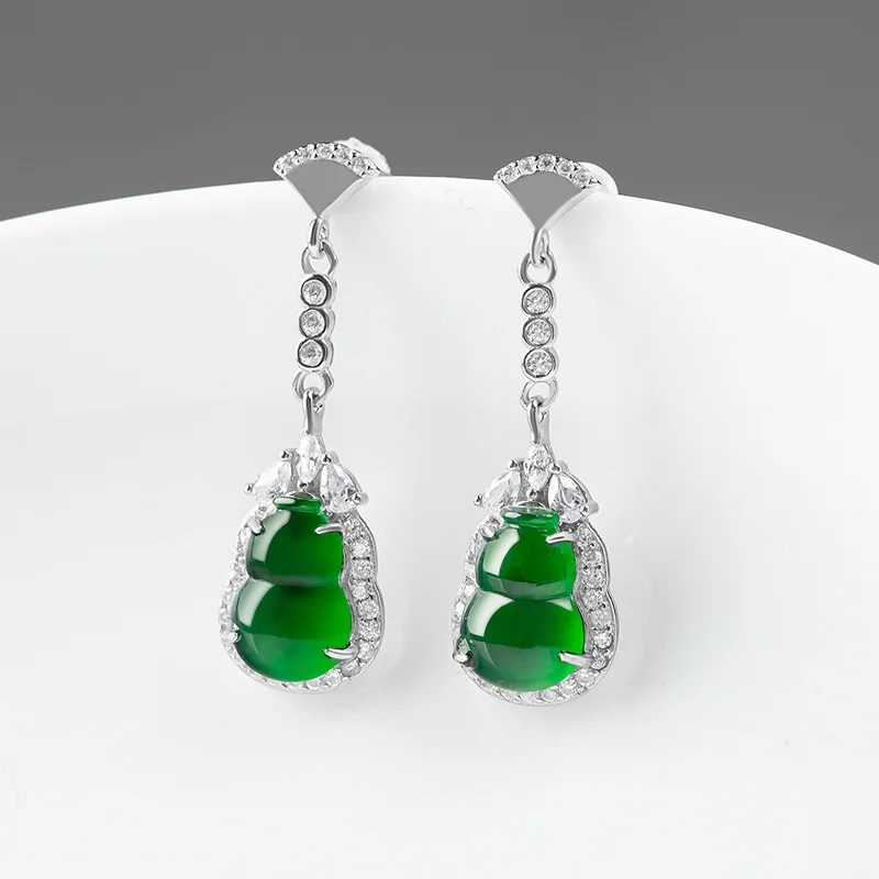 

Women Green Jade Earrings S925 Sterling Silver Grade A Myanmar Jadeite With Certificate Burma Jades Gourd Dangle Earrings