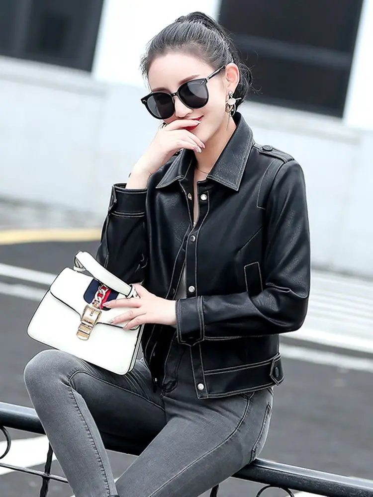 New Women Small Leather Jacket Casual Fashion Moto & Biker Style Shirt Collar Sheepskin Short Coat Split Leather Slim Outerwear