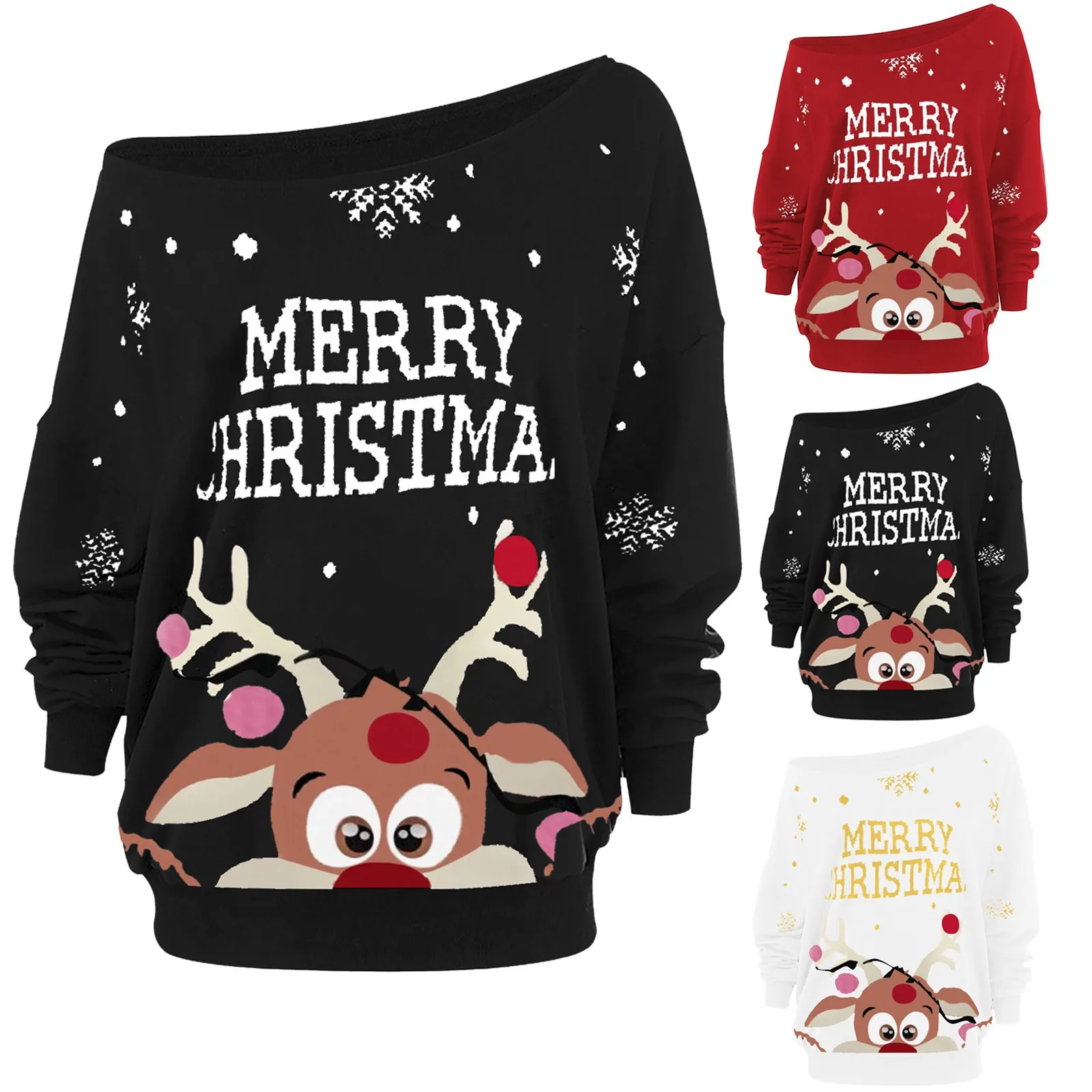 

Sexy Long Sleeves Off Shoulder Merry Christmas Women Blouse 2023 Fashion Elk Print Crew Collar Pullover Winter Autumn Loose Tops