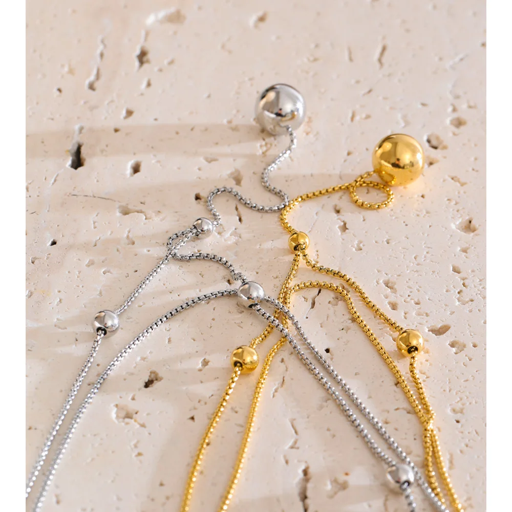 Yhpup Stainless Steel Double-Layer Chain Long Round Ball Drop Necklace