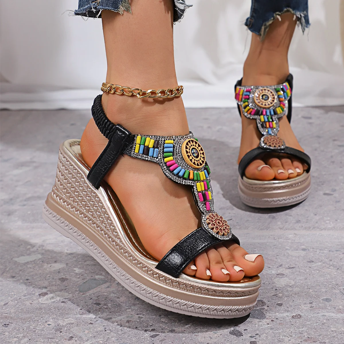 Bohemian Style Thick Bottom Wedges Sandals Women 2025 Summer Retro Chunky Platform Sandals Woman Plus Size 43 Beach Shoes Mujer