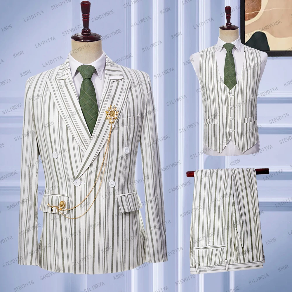 

2023 New Popular Men Linen Set Fashion Slim Fit Light Green White Vertical Stripe Wedding Groom Tailcoat Jacket Vest Pants