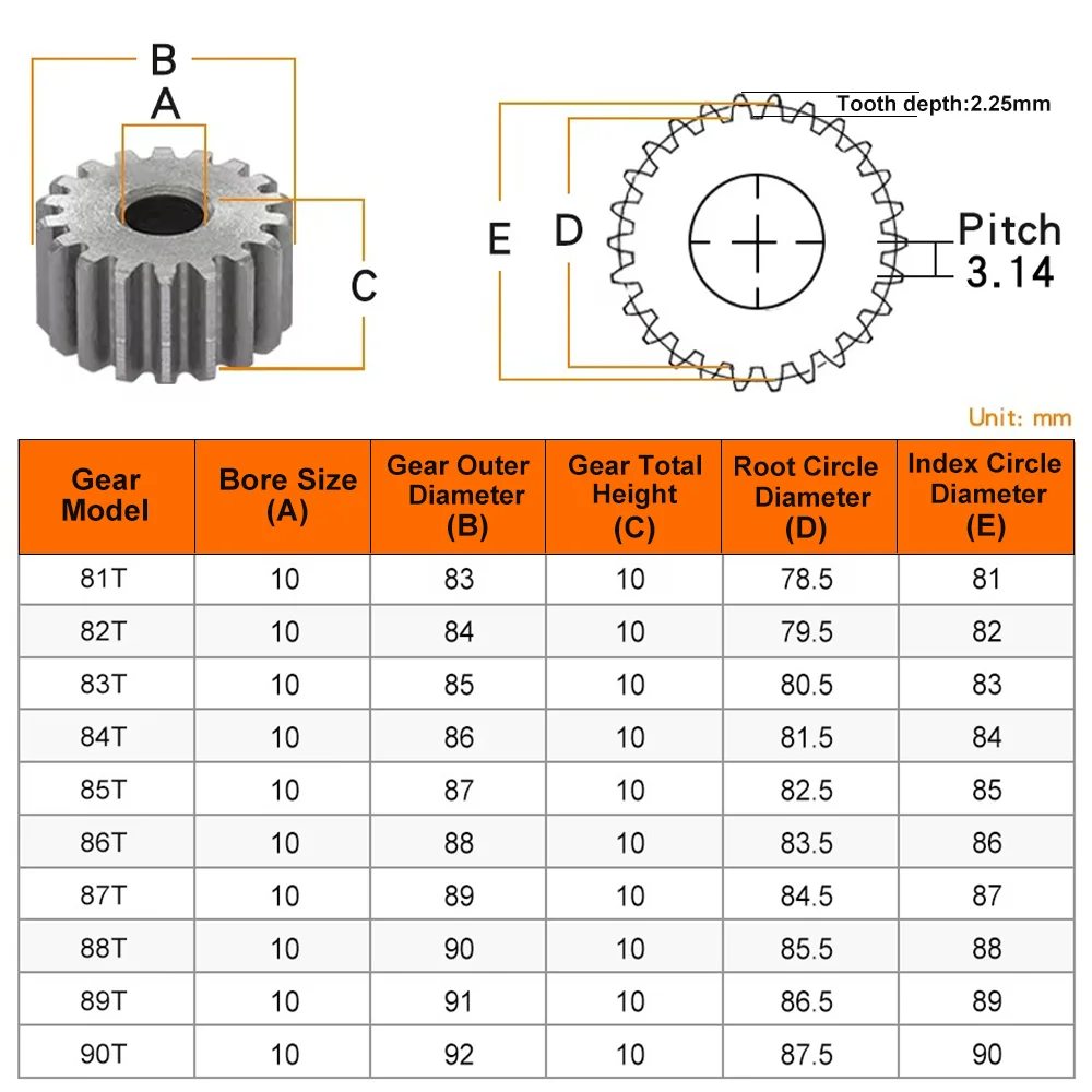 Spur Gear 1M-81T/82T/83T/84T/85T/86T/87T/88T/89T/90Teeth SC45# Carbon Steel Material Cylindrical Gear Transmission Accessories